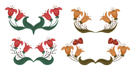 Flower frame set with berries, stems and physalis. Colorful crown with ornament. Vector floral template with bouquets wreath for card and invitation