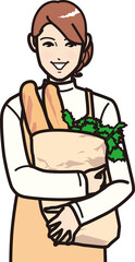 フランスパンを抱える女性