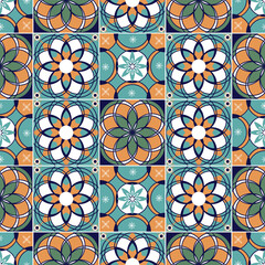 Seamless colorful patchwork tile with Islam, Arabic, Indian, ottoman motifs. Majolica pottery tile. Portuguese and Spain decor. Ceramic tile in talavera style. Vector illustration.
