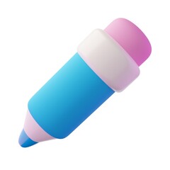 3d pencil icon. Render illustration of blue color pencil with pink eraser isolated on the white background. Cartoon modern design. School, education, business, drawing, writing stationery tool. 