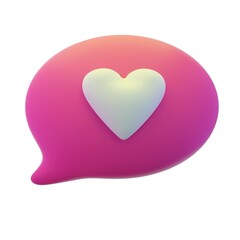 3d like speech bubble icon. Render illustration of pink color comment cloud with approval heart isolated on the white background. Modern cartoon design. Social media, chatting, dreaming concept.