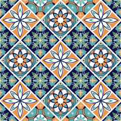 Seamless colorful patchwork in turkish style. Hand drawn background. Azulejos tiles patchwork. Portuguese and Spain decor. Islam, Arabic, Indian, ottoman motif. Perfect for printing on fabric or paper