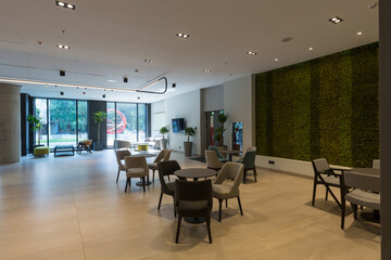 Interior of a empty modern hotel lounge cafe restaurant