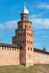 Fototapeta na wymiar Kokui Tower is close-up on a sunny April afternoon. Detinets of Veliky Novgorod, Russia