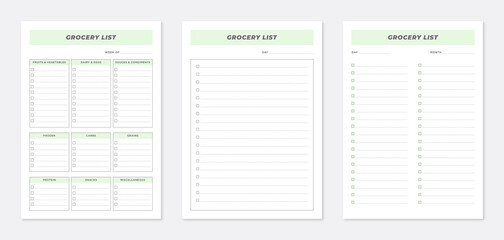 Minimalist grocery list planner design collection set, Set of Grocery List Planner design, Grocer list planner page design