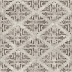 Seamless tan brown grungy tribal neutral rug motif surface pattern design for print. High quality illustration. Distressed bohemian ethnic repeat swatch. Hand drawn diamond damask textile design.