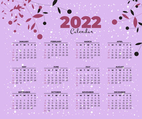 Pink Black Snowy Leafy Calendar Template For Year 2022