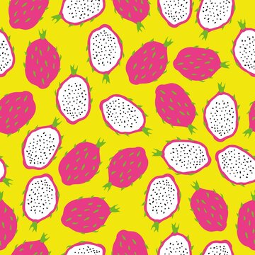 Simple dragon fruit pattern. Yellow background, ripe dragon fruit. The print is well suited for textiles, Wallpaper and packaging. © Алена Шенбель