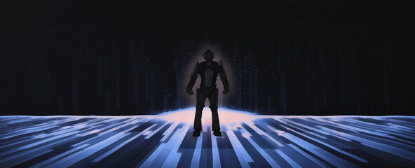 Cyberman in virtual space. Artificial intelligence. Panoramic view