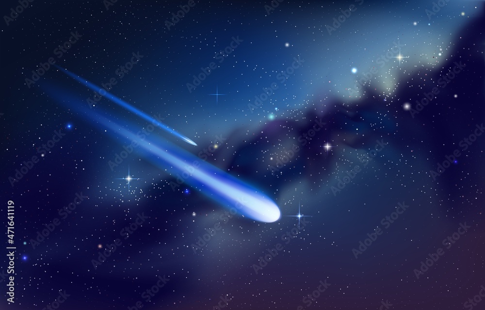 Wall mural falling star background. realistic starry night sky with shooting comet and nebula. meteor or astero