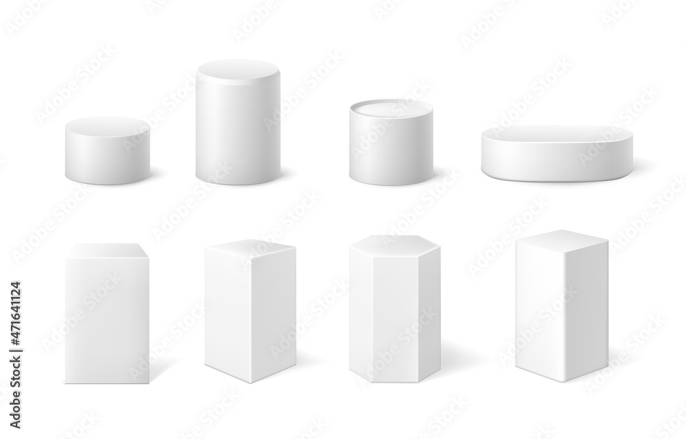 Poster realistic podium. 3d pillar geometric shapes for product platform. empty white cylinder cube and hex