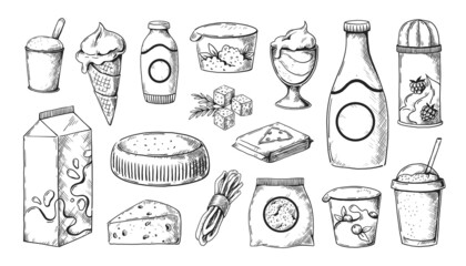 Milk sketch. Hand drawn dairy products in jugs and jars. Farm yogurt. Cottage cheese and butter engraving templates. Whipped cream bottle and curd packaging. Vector natural food set