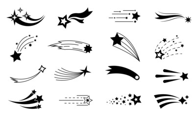 Meteor icon. Shooting star silhouette. Black space comet with trail. Falling abstract fantasy meteorite. Firework flashes. Starlight mockup. Vector night sky and cosmos elements set © SpicyTruffel