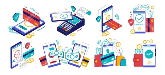 Mobile payments. Wireless money transfer. Paying taxes and bills. Web banking application. Online shopping with smartphone wallet and digital receipt. Vector finance transactions set