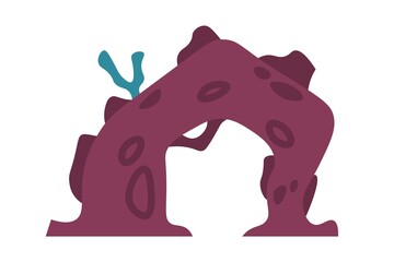 Underwater rock with sea plant. Marine stone. Aquarium decoration template. Ocean bottom element. Coral reef with seaweeds. Doodle aquatic arc boulder. Vector undersea cobble and algae