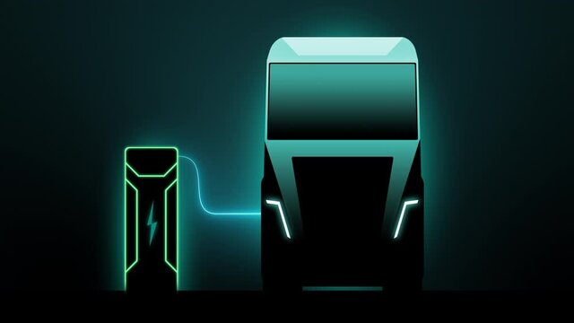 Silhouette of the futuristic electric truck charging on power station. Battery indicator display showing energy level. Transportation concept of the future.