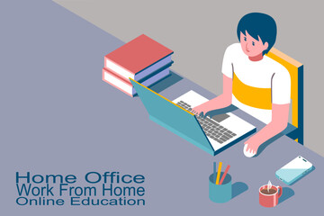 Isometric illustration of a man is sitting at home office. Multipurpose working space at home for working and online education for housemates. Banner for home office and online self learning.