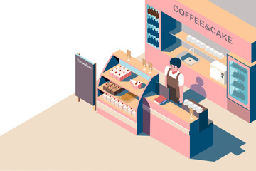 isometric illustration of coffee and cake shop in pink decorated. A waiter is standing in front of the cashier. Illustration for coffee drink banner.