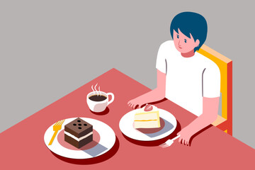 A man is having a coffee break with cakes. isometric illustration concept of coffee break for work and life balance banner campaign.