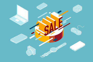 Isometric sale charactor on blue baclground with electronics gadget. Sale wording for electonics promotion campaign.