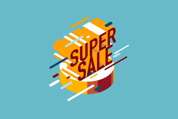 Isometric illustration of wording super sale as the red Charactor with yellow shadow on blue background. Illustion for promotion advertiment on web.