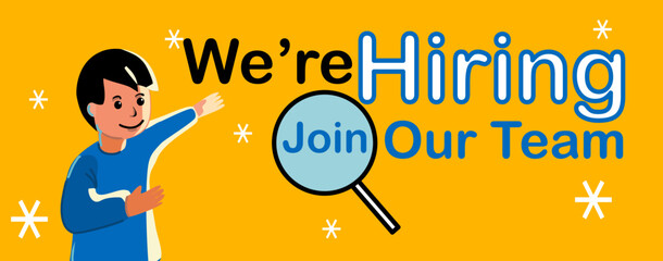Recuitment advertiment banner with We are hiring join out team wording on yellow background. a man is promote the job employment campaign.