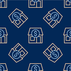 Line Shopping building or market store icon isolated seamless pattern on blue background. Shop construction. Vector