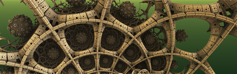 Abstract background, fantastic 3D gold structures, technology remains of an ancient civilization render illustration. 