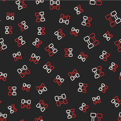 Line Dumbbell icon isolated seamless pattern on black background. Muscle lifting, fitness barbell, sports equipment. Vector