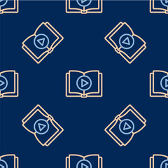 Line Audio book icon isolated seamless pattern on blue background. Play button and book. Audio guide sign. Online learning concept. Vector