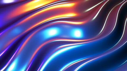 Fototapeta na wymiar Striped neon lights waves background, abstract purple blue liquid metal wavy design, 3D render illustration.
