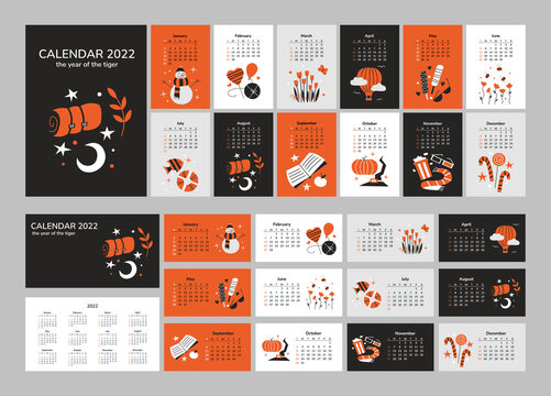 Set Of Corporate Calendars 2022. Tiger Year. 12 Monthly Pages And Cover In Tiger Style. Vector Illustrations. Seasons. Love Flowers Traveling Food Holidays Hobbies. Week Starts On Sunday