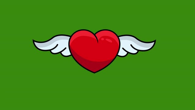 cartoon heart with wings fly animation.4K Video motion graphic animation.green background
