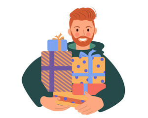 Cheerful man carrying many gift boxes. A female character is holding a large birthday present in a holiday package. Cartoon flat vector illustration isolated on white background.