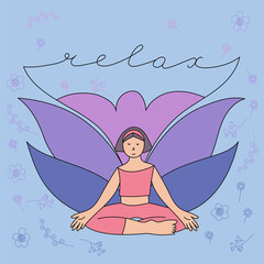 Girl sits in the lotus position. Slow living vector illustration with lettering elements. Meditation and slow down life.