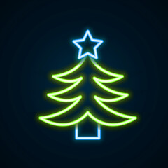 Obraz premium Glowing neon line Christmas tree icon isolated on black background. Merry Christmas and Happy New Year. Colorful outline concept. Vector