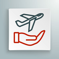 Line Plane in hand icon isolated on white background. Flying airplane. Airliner insurance. Security, safety, protection, protect concept. Colorful outline concept. Vector