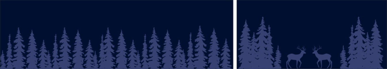 Fototapeta premium banner, deer, postcard, christmas, tree, holiday, new year, spruce, pine, herringbone, animal, tree, winter, forest, nature, taiga, snow