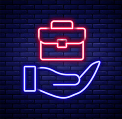 Glowing neon line Hand holding briefcase icon isolated on brick wall background. Insurance concept. Security, safety, protection, protect concept. Colorful outline concept. Vector