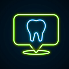 Glowing neon line Dental clinic location icon isolated on black background. Colorful outline concept. Vector