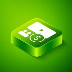 Isometric Cinema auditorium with screen icon isolated on green background. Green square button. Vector