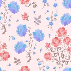 Embroidery seamless pattern with beautiful pink and blue flowers. Fashion embroidered design for fabric, textile, wallpaper. Vector illustration.