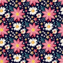 Embroidery seamless floral pattern with pink, white and yellow flowers on black background. Summer print for fabric.