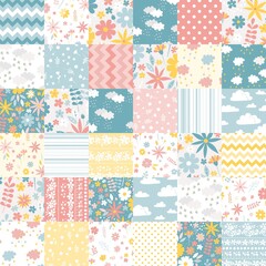 Cute seamless patchwork pattern from square patches with flowers, clouds, and geometric ornaments. Print for fabric. Quilt design for children room.