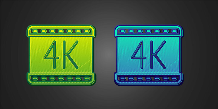 Green and blue 4k movie, tape, frame icon isolated on black background. Vector