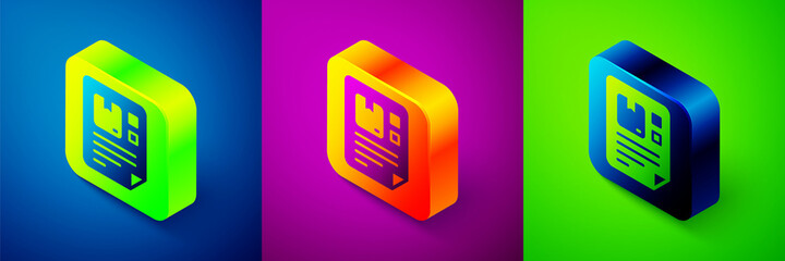 Isometric Waybill icon isolated on blue, purple and green background. Square button. Vector