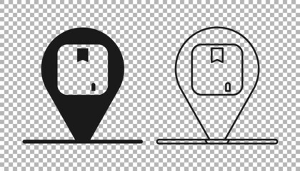 Black Location with cardboard box icon isolated on transparent background. Delivery services, logistic and transportation, distribution. Vector