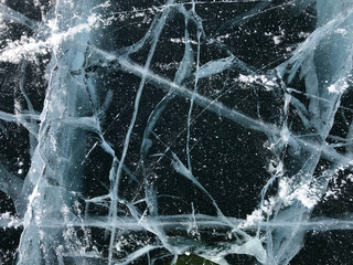 Lake Baikal ice texture. Cracks in the ice. Frozen Lake Baikal.