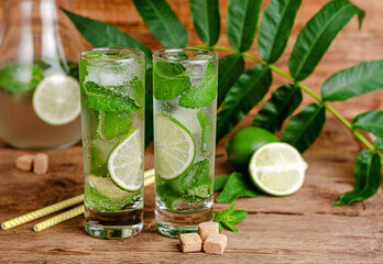Refreshing summer drink with lime, ice and mint. Close up, copy space