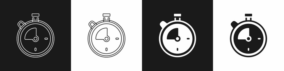 Set Stopwatch icon isolated on black and white background. Time timer sign. Chronometer sign. Vector